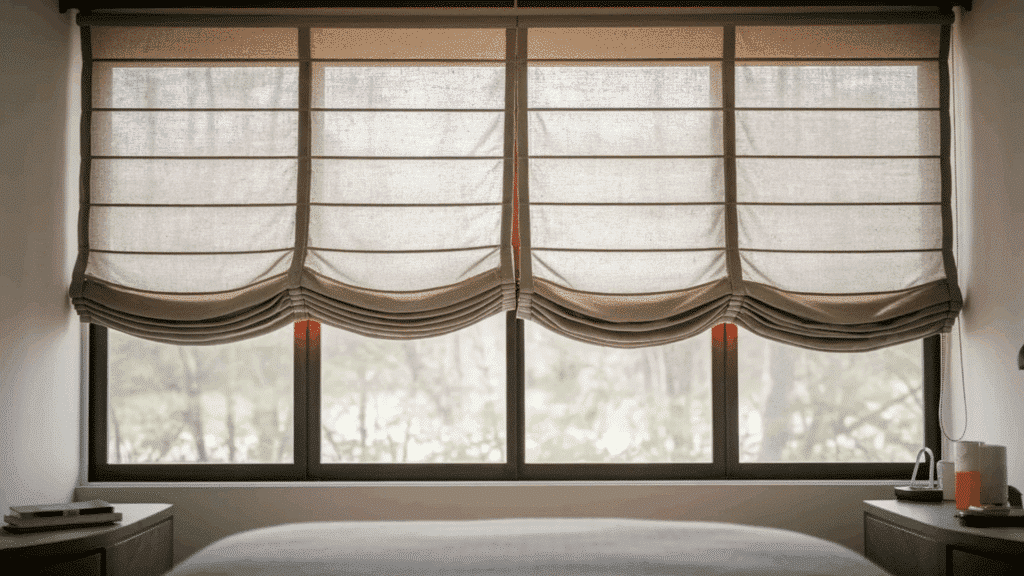 roman shade curtains in soft neutral fabric, neatly folded above a window in a modern home office