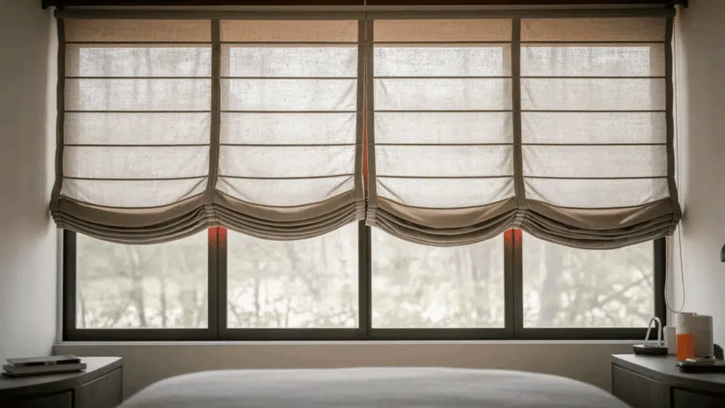 roman shade curtains in soft neutral fabric, neatly folded above a window in a modern home office