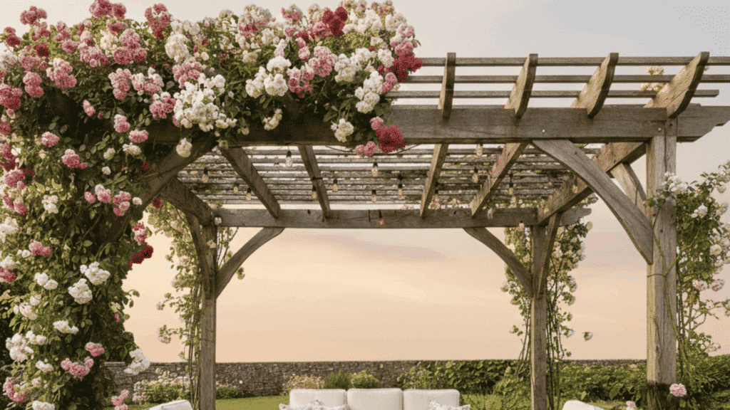 romantic pergola covered with blooming climbing roses, adding fragrance and beautiful colors to the patio