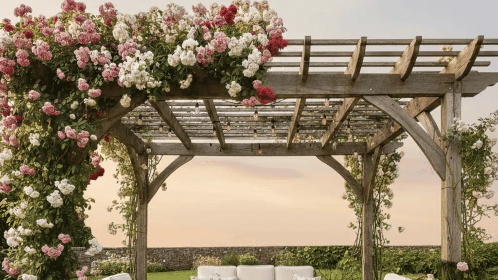 romantic pergola covered with blooming climbing roses, adding fragrance and beautiful colors to the patio