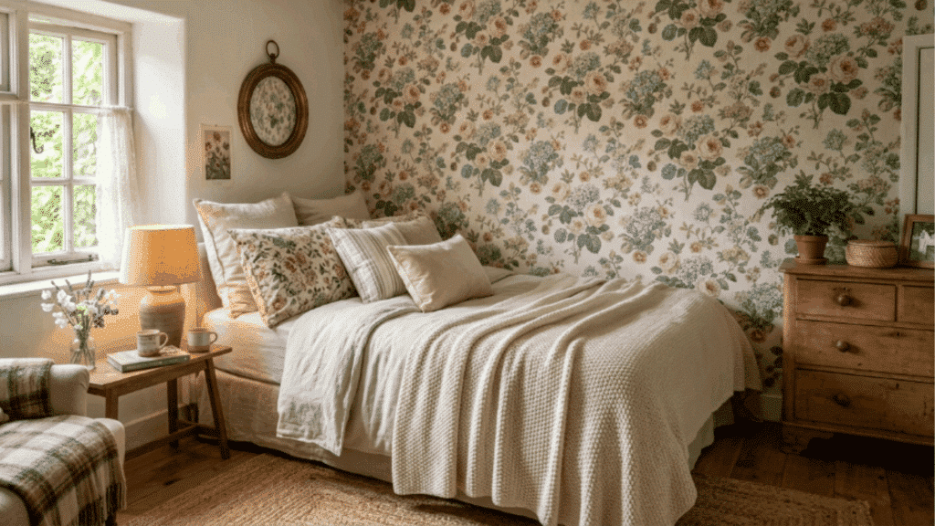 room with floral wallpaper accent wall simple furniture soft colors and cozy feel creating a charming and warm interior