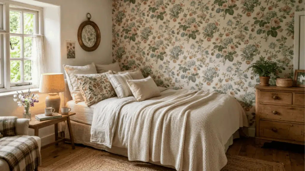 room with floral wallpaper accent wall simple furniture soft colors and cozy feel creating a charming and warm interior