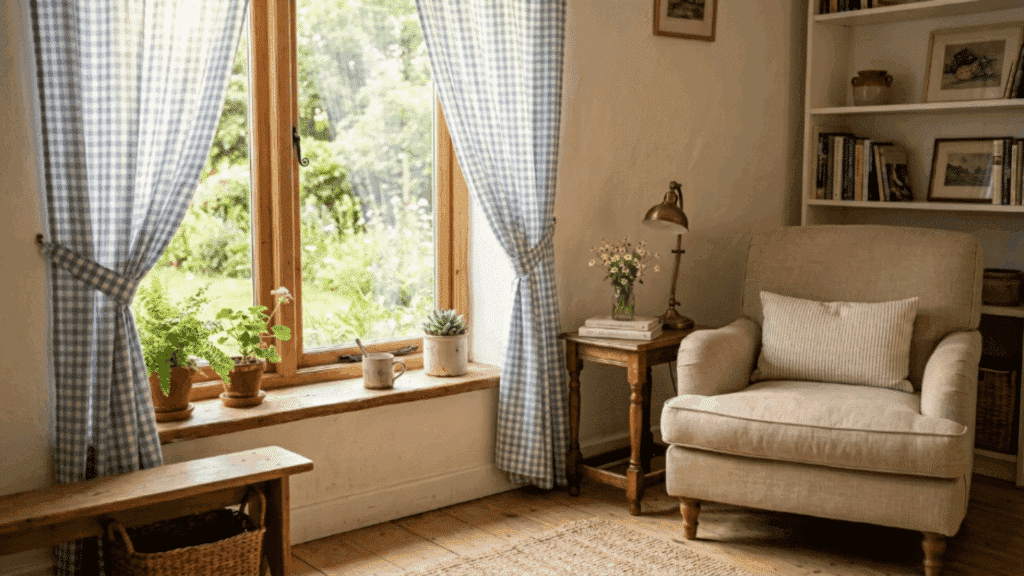 room with gingham curtains natural light soft tones and airy cozy feel creating a bright yet comfortable environment (1)