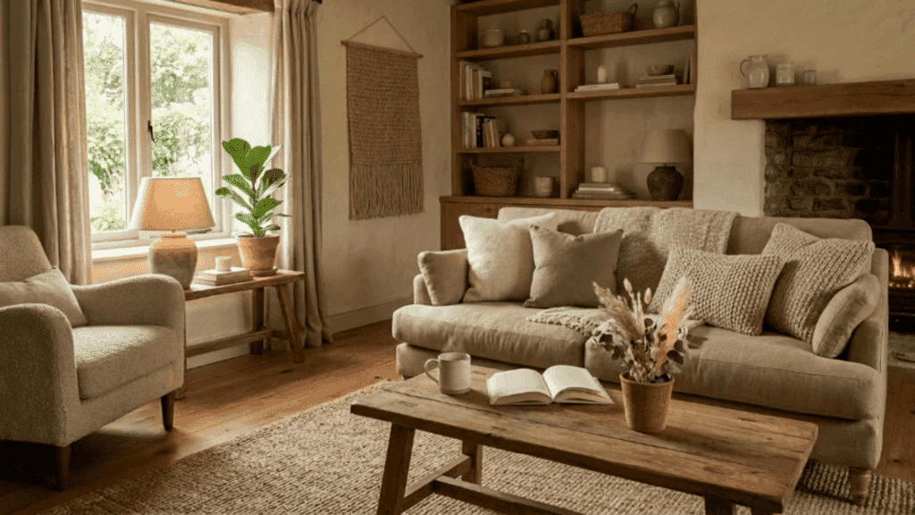 room with neutral earthy tones beige cream wooden furniture soft fabrics warm lighting creating a calm and grounded cozy environment