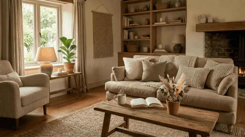 room with neutral earthy tones beige cream wooden furniture soft fabrics warm lighting creating a calm and grounded cozy environment