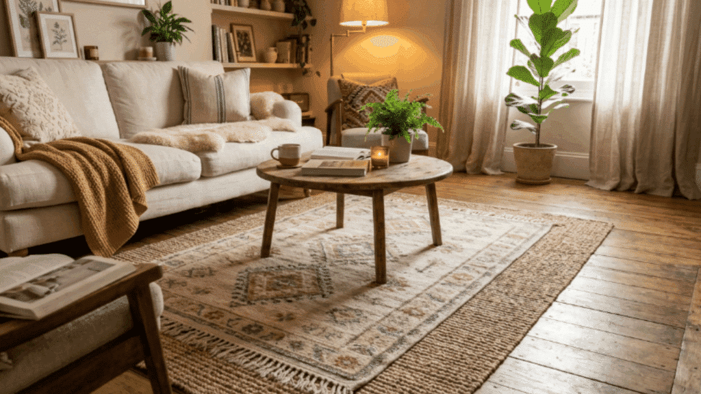 room with wooden flooring layered rugs mixed textures warm tones and cozy setup creating a comfortable and inviting space (1)