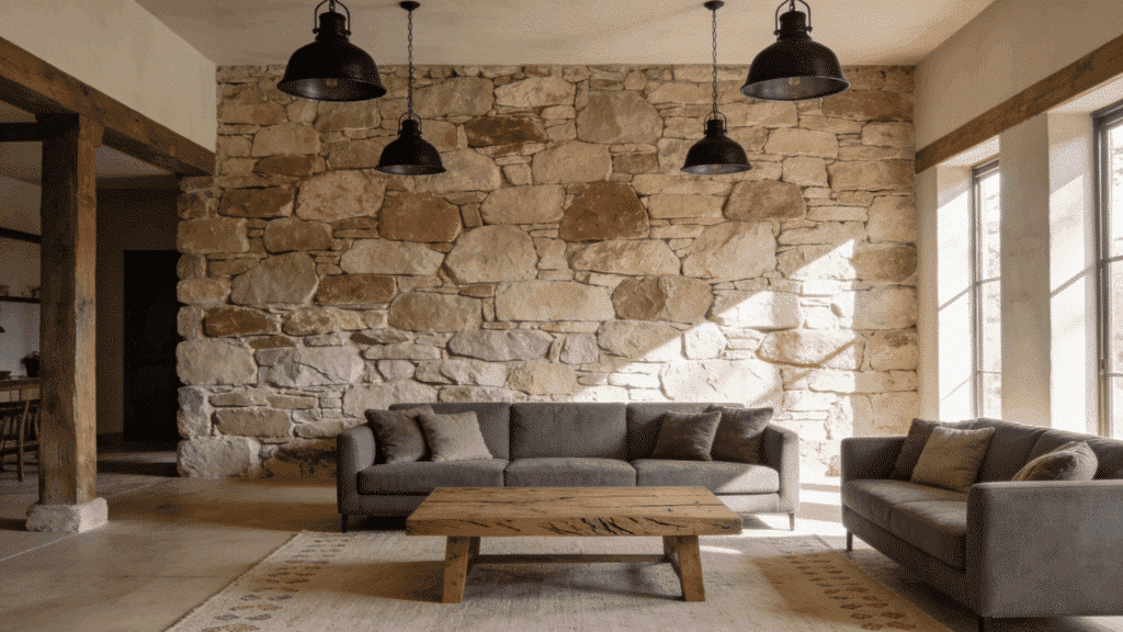 rough stone accent wall with black pendant lights in farmhouse living room