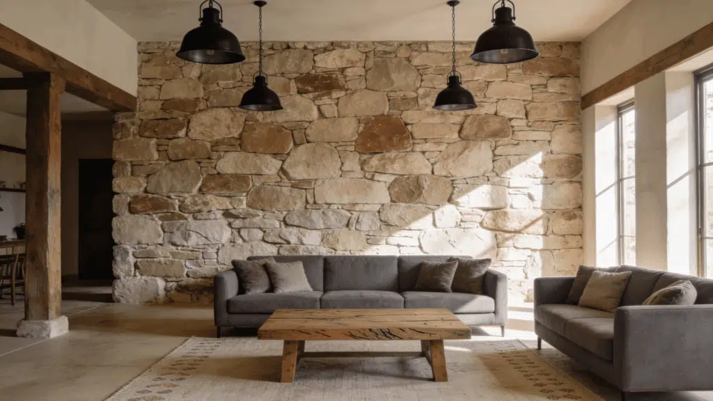 rough stone accent wall with black pendant lights in farmhouse living room