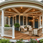 round front porch with white columns, wood ceiling with beams, cozy wicker seating, lantern lighting, and landscaped garden around the home