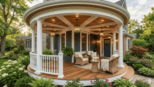 round front porch with white columns, wood ceiling with beams, cozy wicker seating, lantern lighting, and landscaped garden around the home