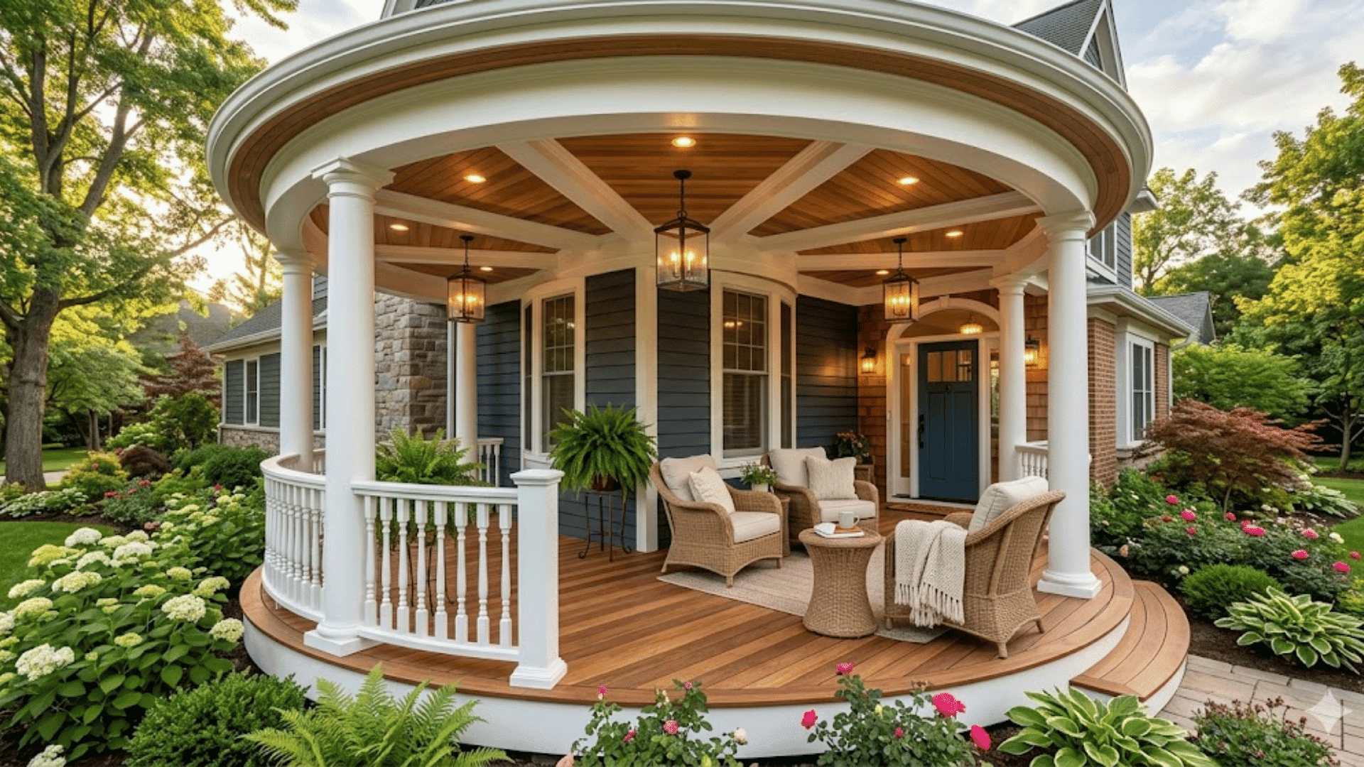 round front porch with white columns, wood ceiling with beams, cozy wicker seating, lantern lighting, and landscaped garden around the home
