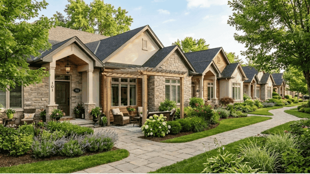row of patio homes with stone exteriors and green landscaping in a planned community.