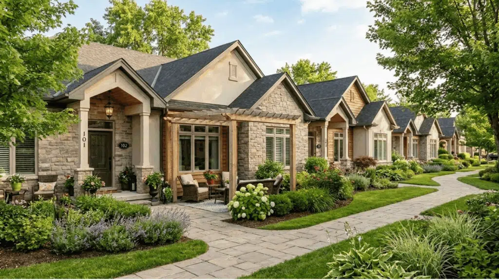 row of patio homes with stone exteriors and green landscaping in a planned community.