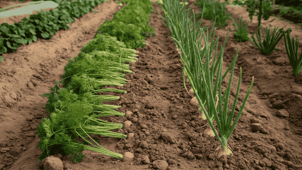 rows of carrots and onions planted in alternating rows in a vegetable garden demonstrating an effective companion planting technique