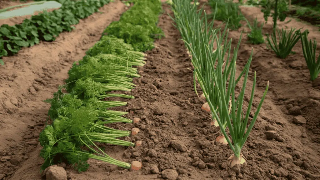 rows of carrots and onions planted in alternating rows in a vegetable garden demonstrating an effective companion planting technique