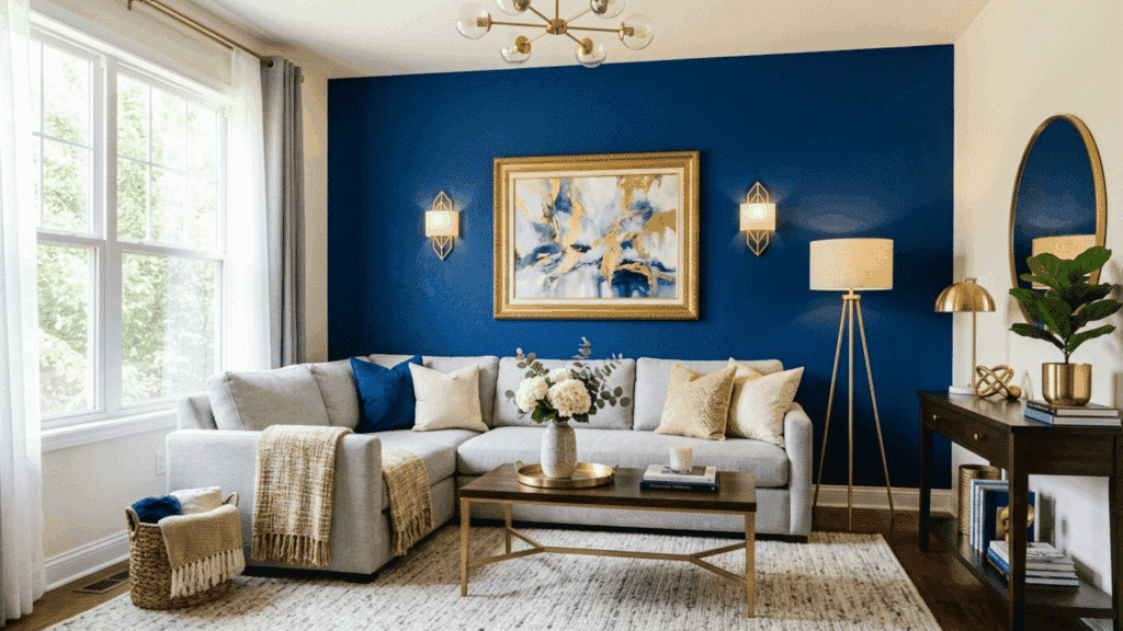 royal blue accent wall with gold decor, gray sofa, and modern living room setup.