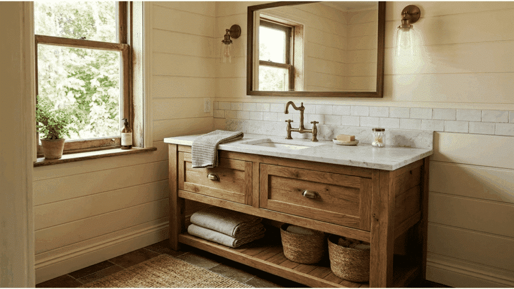 rustic bathroom vanity with wood cabinet, marble countertop, and brass faucet.