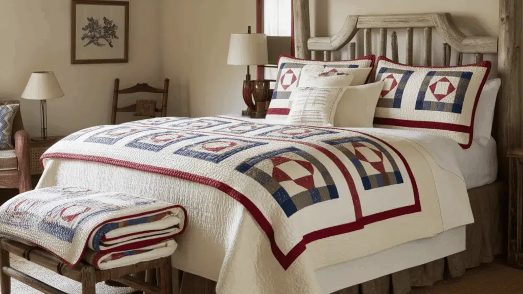 rustic bedroom with a quilted bedspread, decorative pillows, and wooden furniture