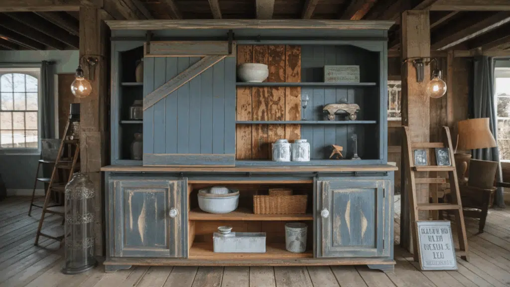 rustic blue wooden cabinet with sliding barn door, displaying vintage decor and filled with storage items, in a warm farmhouse interior