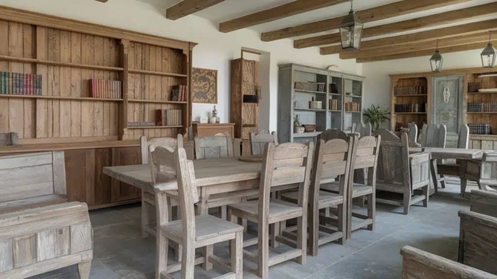 rustic dining room with wooden furniture, bookshelves, and exposed beams
