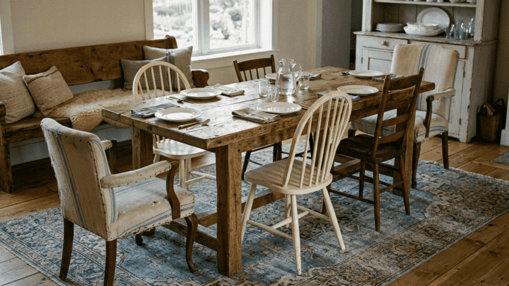 rustic farmhouse dining room with mixed dining chairs and wooden table. (1)