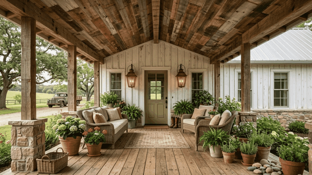 rustic farmhouse porch with reclaimed wood ceiling, exposed wooden beams, stone columns, wicker seating, lantern lights, and potted plants.