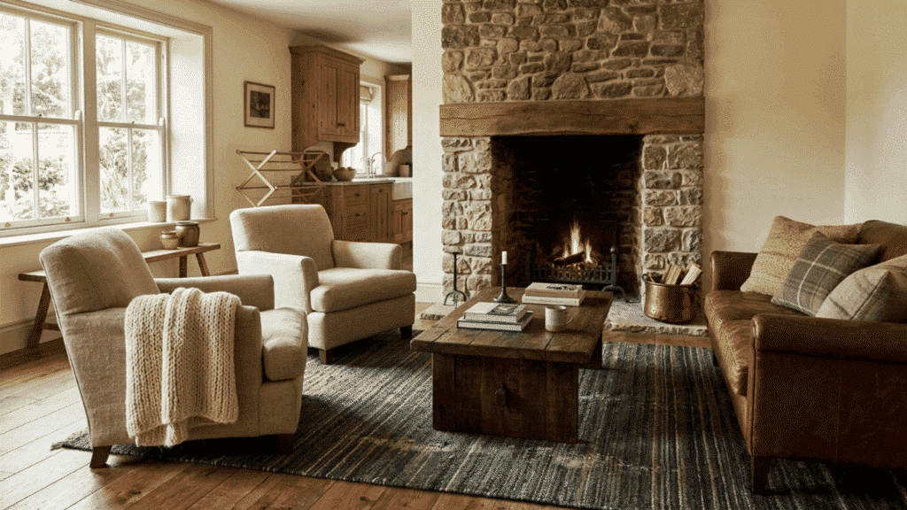 rustic keeping room with a large stone fireplace, wooden coffee table, leather sofa, and kitchen visible in the background