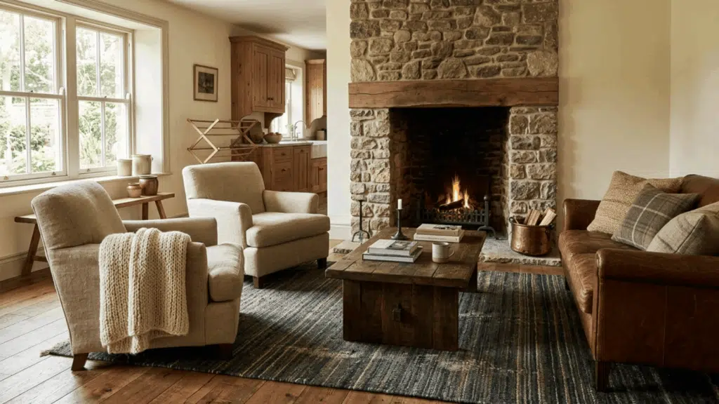 rustic keeping room with a large stone fireplace, wooden coffee table, leather sofa, and kitchen visible in the background
