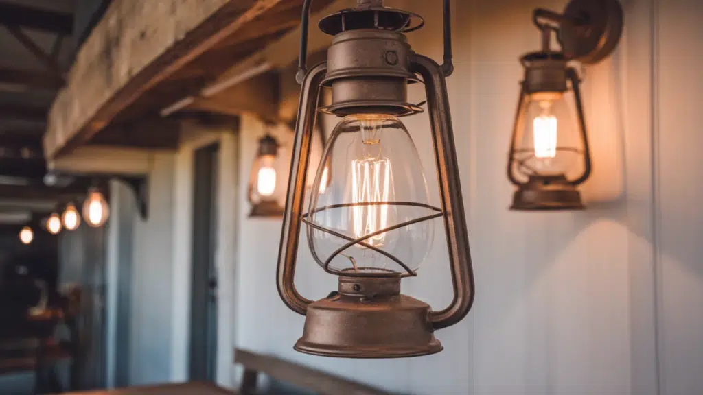 rustic lantern lights hanging on a wall with warm lighting