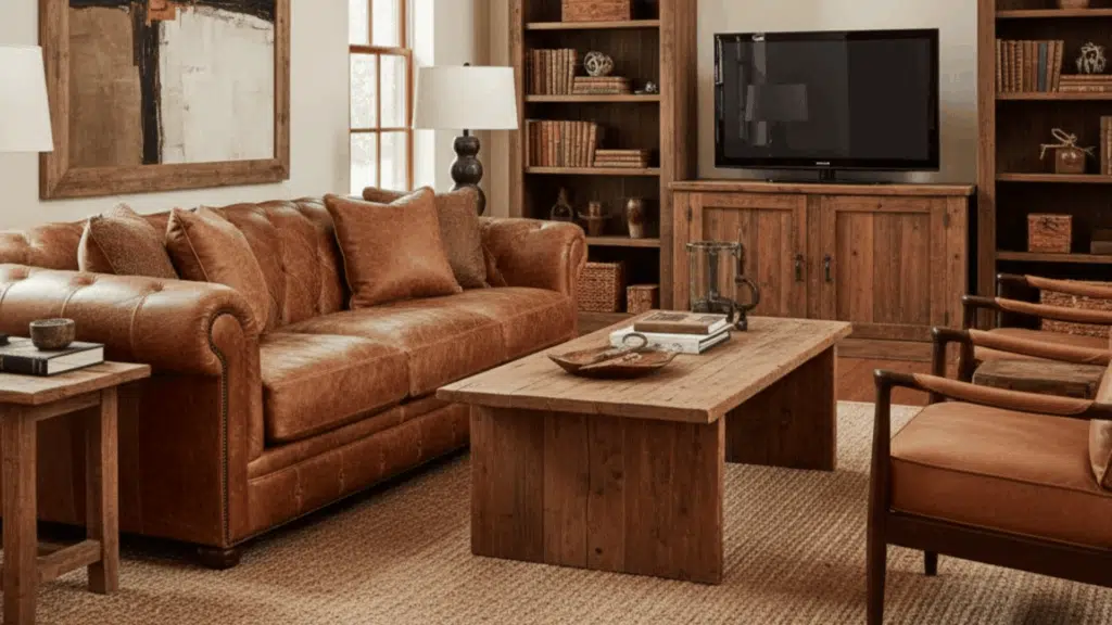 rustic living room with a leather sofa, wooden furniture, bookshelves, and a TV