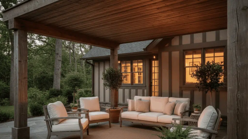 rustic patio with a solid deck board roof offering weather-resistant coverage and a natural wood finish