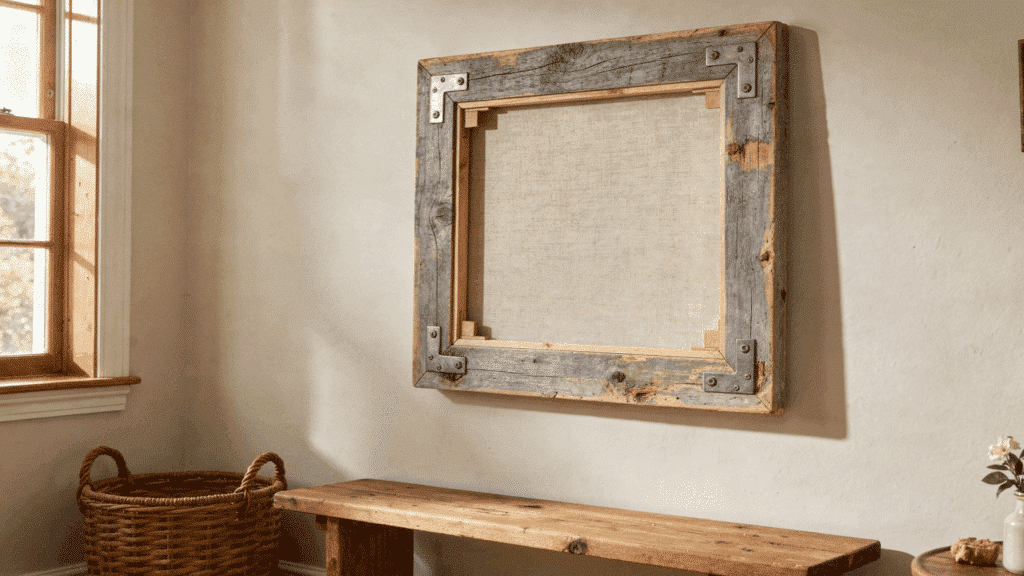 rustic reclaimed wood photo frame with metal brackets mounted on farmhouse wall