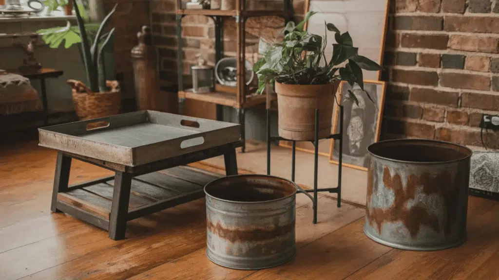rustic room with metal planters, a wooden tray table, and exposed brick walls