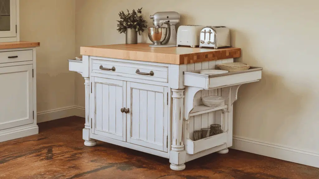 rustic white kitchen island with a wooden countertop, featuring a mixer, toaster, and open drawers holding various kitchen items