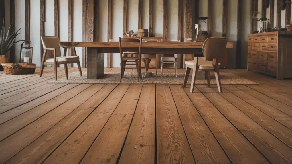 rustic wood flooring in a farmhouse-style dining room with a wooden table and chair