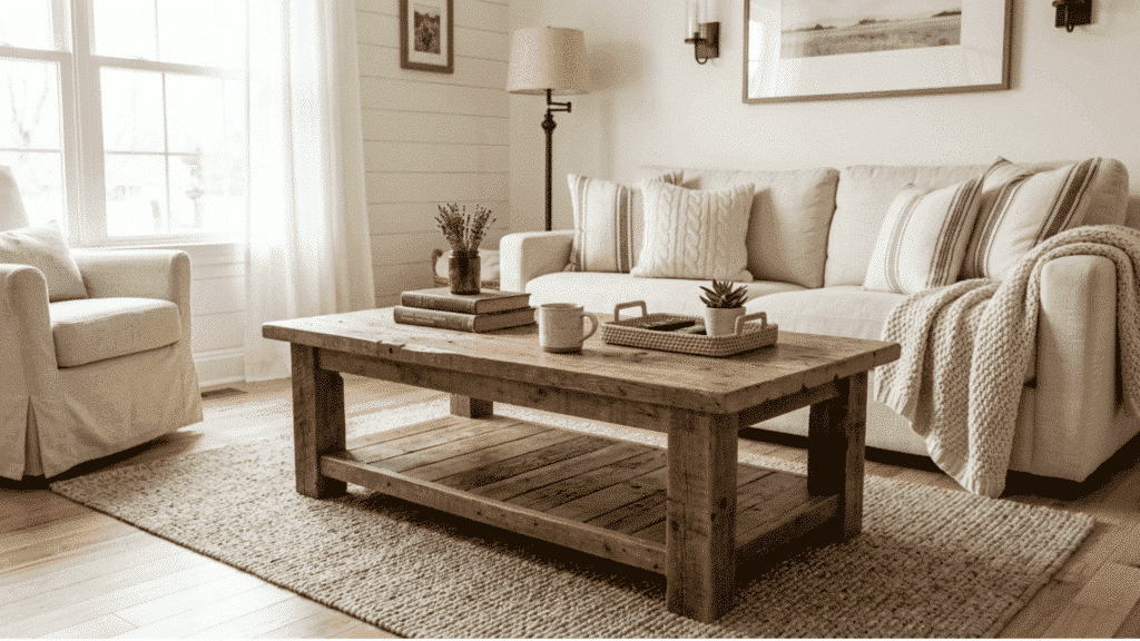 rustic wooden coffee table in cozy farmhouse living room with neutral sofa and textured decor