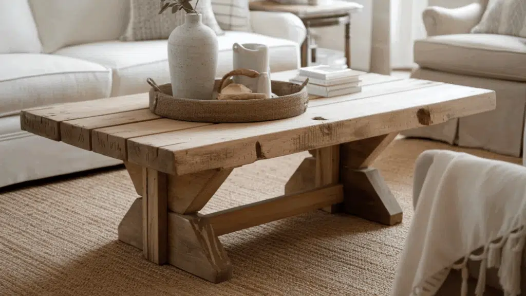 rustic wooden coffee table with a vase, tray, and stacked books