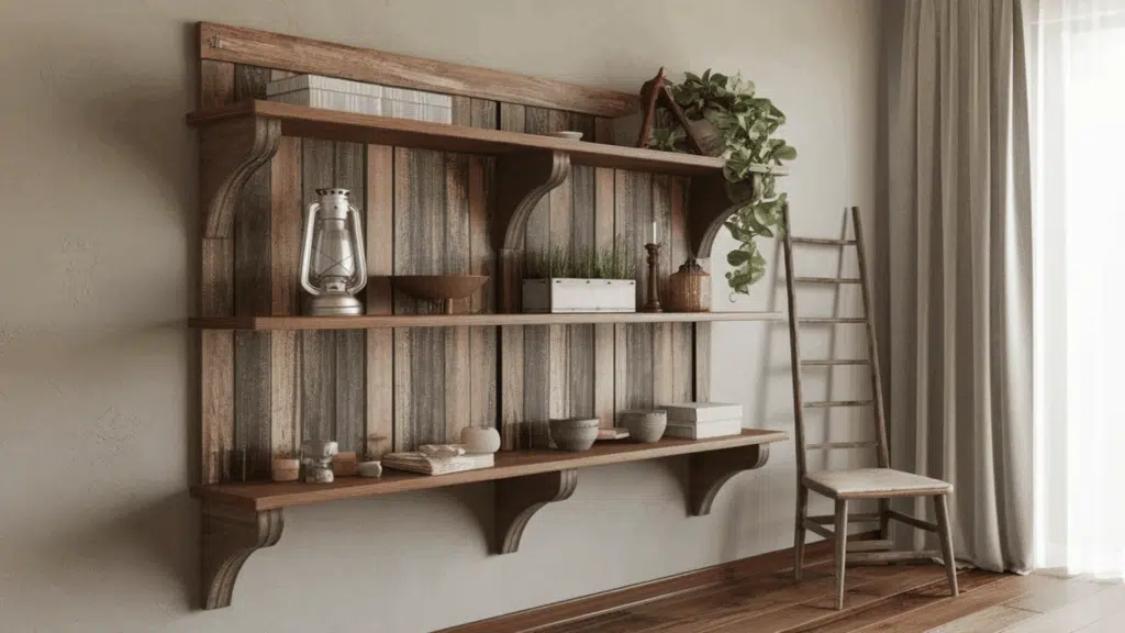 rustic wooden shelves with plants, pottery, and a wooden ladder next to a chair