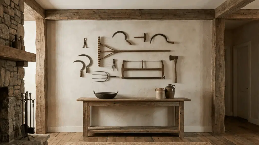 rustic wooden table with vintage farming tools on the wall and a stone fireplace