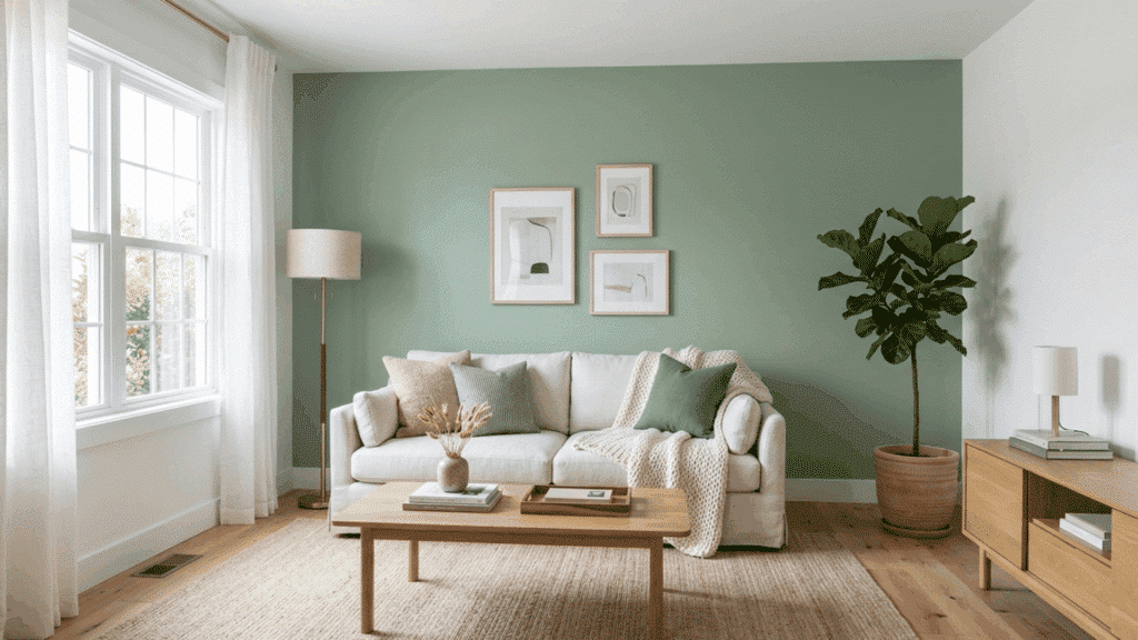 sage green accent wall living room with beige sofa, wood table, and soft natural decor.