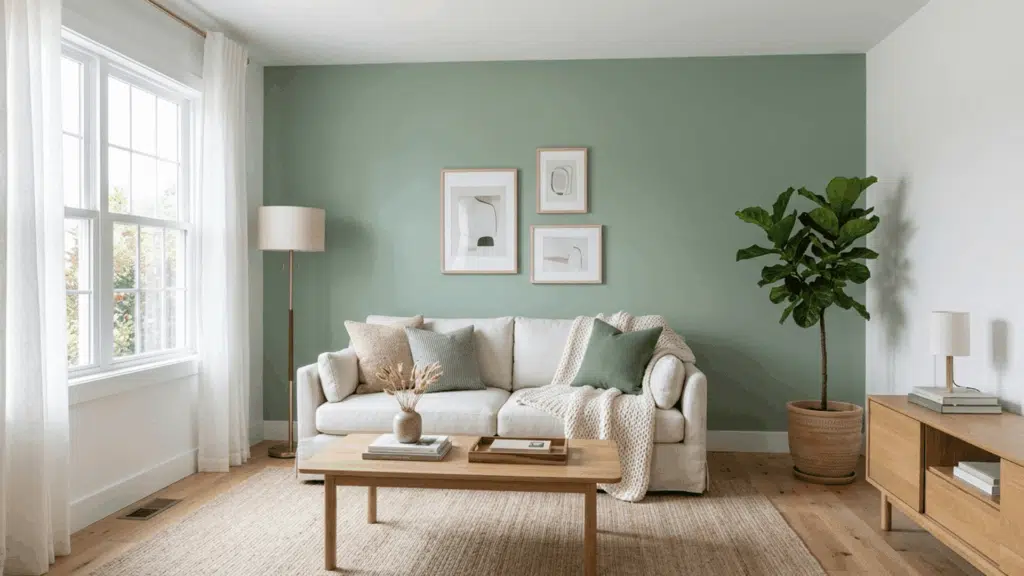 sage green accent wall living room with beige sofa, wood table, and soft natural decor.