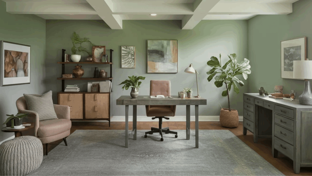 sage green basement walls with white ceiling beams and trim, calm home office layout with natural accents and soft tones