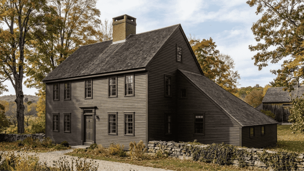 saltbox style colonial house with sloped roof wooden siding stone wall and autumn trees in rural setting