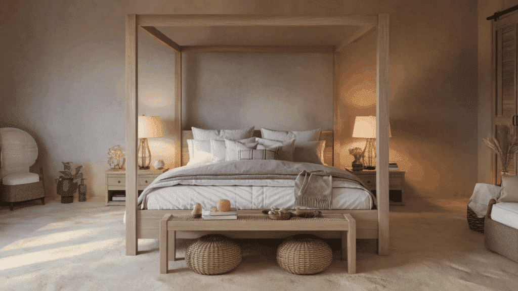 sand-colored farmhouse stained concrete floors in cozy bedroom