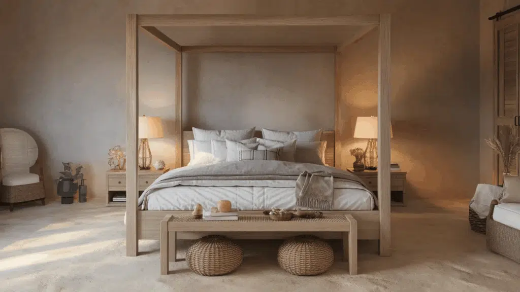sand-colored farmhouse stained concrete floors in cozy bedroom