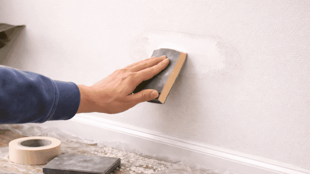 sanding patched wall area with sponge block to create a smooth and level surface