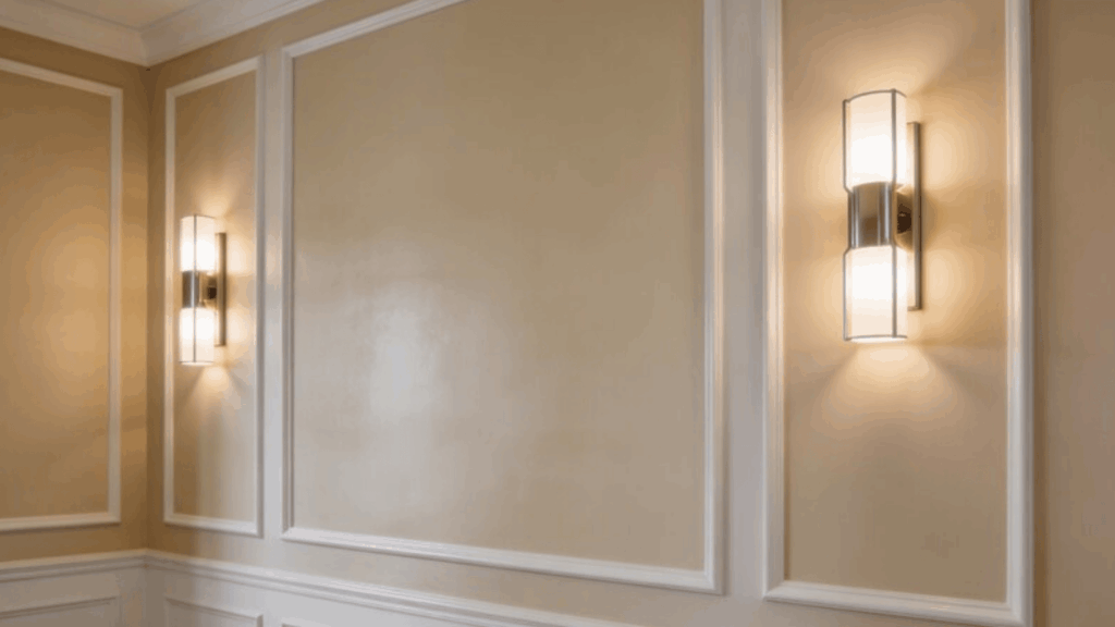 satin paint finish in hallway, warm beige walls with elegant low gloss, white trim, modern wall sconces