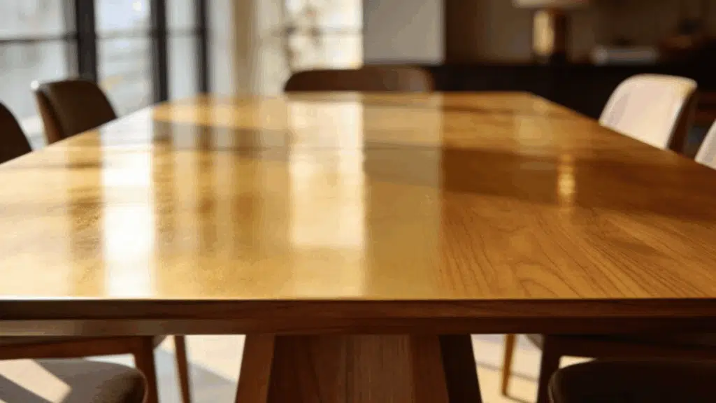 satin paint finish on modern oak dining table, even semi-gloss surface, soft light reflections