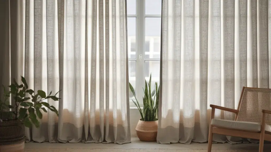scandinavian airy linen curtains softly filtering sunlight in a bright, neutral living room with minimalist decor