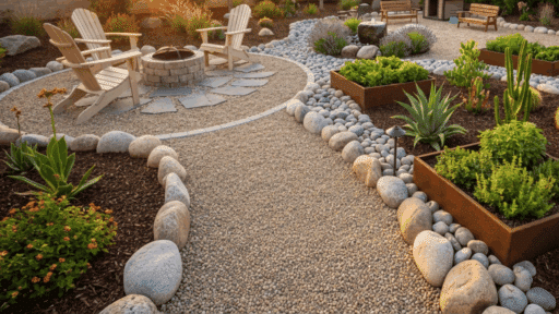 scenic view of a pea gravel walkway winding through a garden, bordered by natural stone edging
